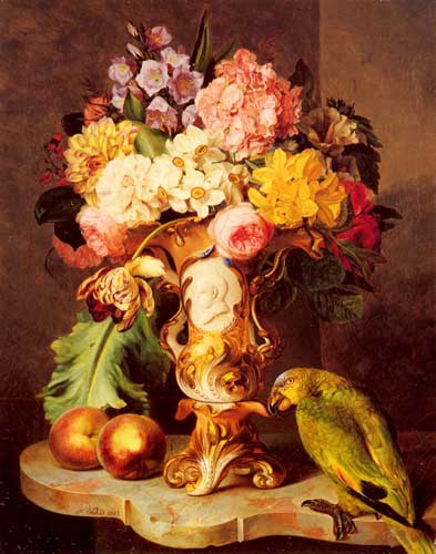 Painting Code#6300-Kuss, Ferdinand(Australia): A Still Life with a Vase of Assorted Flowers, Peaches and a Parrot on a Marble Ledge