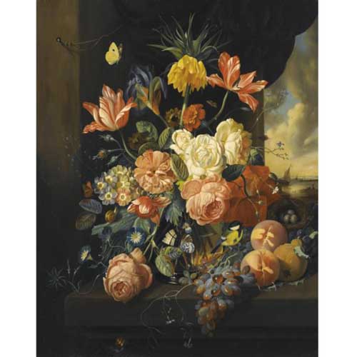 Painting Code#6388-Josef Holstayn - Still Life with tulips, roses and fruit