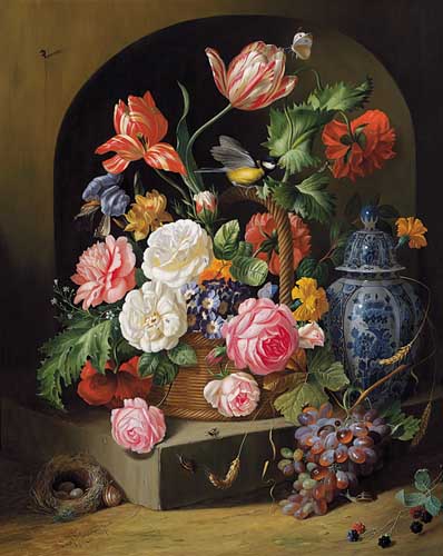 Painting Code#6414-Holstayn Josef - Bouquet Flowers with Birds Nest and Chinese Vase 