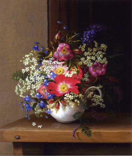 Painting Code#6562-Adelheid Dietrich - Still Life with Dog Roses, Larkspur and Bell Flowers in a White Cup
