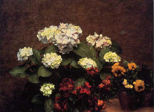 Painting Code#6809-Henri Fantin-Latour - Hydrangias, Cloves and Two Pots of Pansies