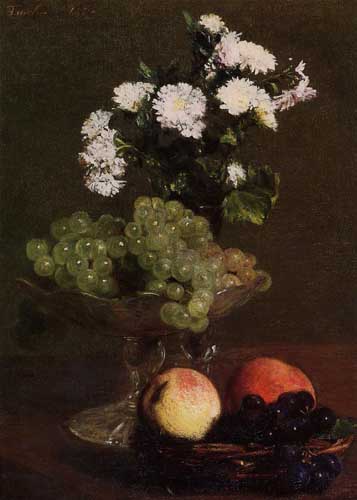 Painting Code#6840-Henri Fantin-Latour - Still Life, Chrysanthemums and Grapes