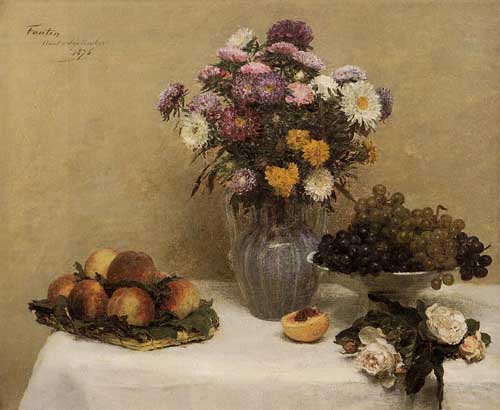 Painting Code#6845-Henri Fantin-Latour - White Roses, Chrysanthemums in a Vase