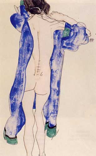 Painting Code#7056-Egon Schiele: Standing Female Nude in a Blue Robe