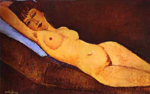 Painting Code#7429-Modigliani, Amedeo(Italy): Reclining Nude with Blue Cushion